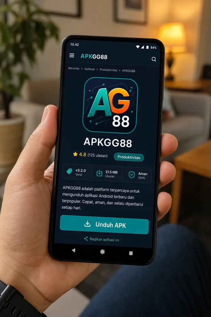 Detail aplikasi dengan rating, versi, dan tombol Unduh APK.